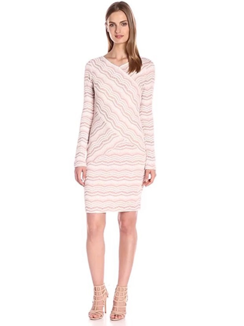 NEW BCBGMaxAzria “Melysa” Wave-Pattern Long-Sleeve Dress in Shadow Blush